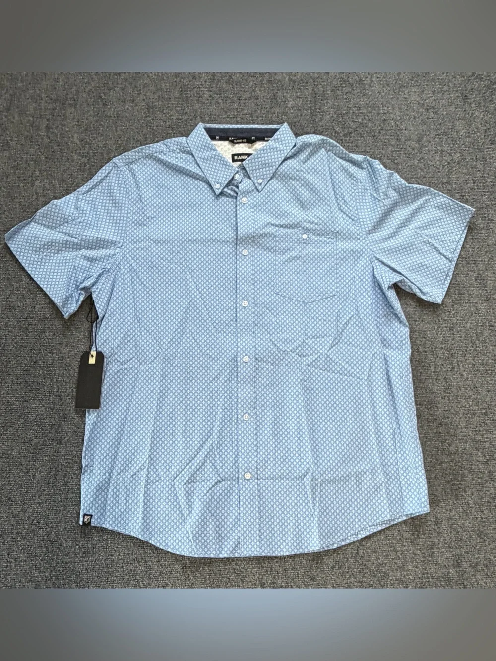 Rank 45 Mens Large Button Down Shirt Blue Geometric Print Short Sleeve NWT